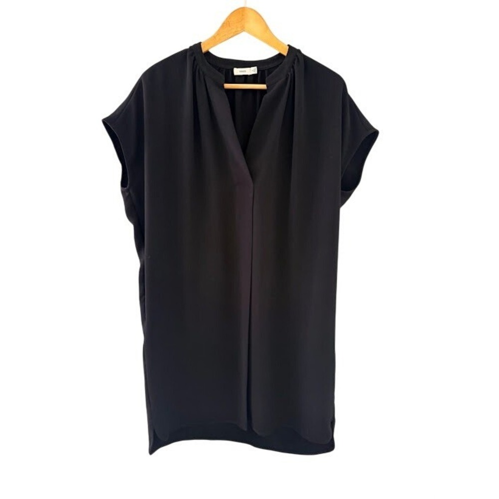 Vince Shift Dress Womens Medium‎ Black Short Sleeve Pleated V-Neck